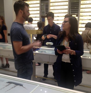 Clearly modeled on the Apple Store, Warby Parker swarms with friendly smart salespeople who look like reg'lar folks, conduct sales with handheld devices, and eavesdrop on conversations, eager to answer free-floating questions