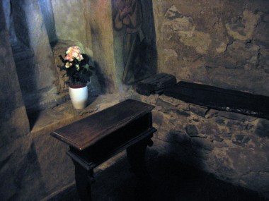 This is the tiny cell where St. Francis lived, prayed, and slept overlooking the waterfall ("torrent").