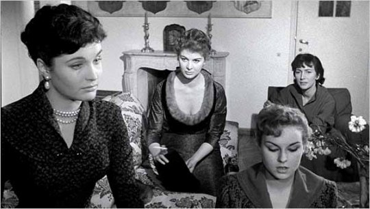 Yvonne Furneaux, Eleonora Rossi Drago, Valentina Cortese, and Anna Maria Pancani (from left to right) in a scene from Michelangelo Antonioni's LE AMICHE (1955)