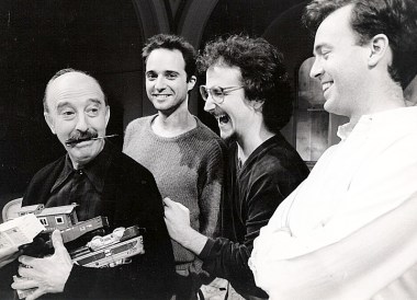 Rehearsal for the original production at the Public Theater: Edward Atienza as Jacob Blank, playwright Harry Kondoleon, director Mark-Linn Baker, and Reed Birney as Himmer