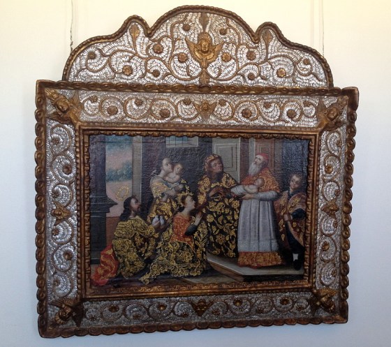 Among the many household, funerary, and decorative items on display are a couple of the few extant mosaic paintings known as enconchados -- I very much liked this one, created by an unknown artist in Cuzco, Peru, around 1750