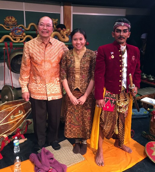 in the afterglow of the Gamelan Kusuma Laras concert at Hofstra University -- I get to play with some extraordinary musicians, most notably I. M. Harjito (our artistic director and teacher) and Peni Candrarini (exquisite Javanese pesindhen, or female vocal soloist) -- pictured here with guest dancer and hilarious cut-up Anang Totok Dwiantoro