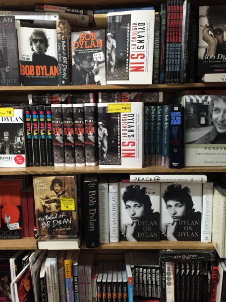 the Bob Dylan shelf (over 35 different titles) at the Unoppressive Non-Imperialist Bargain Books store on Carmine Street