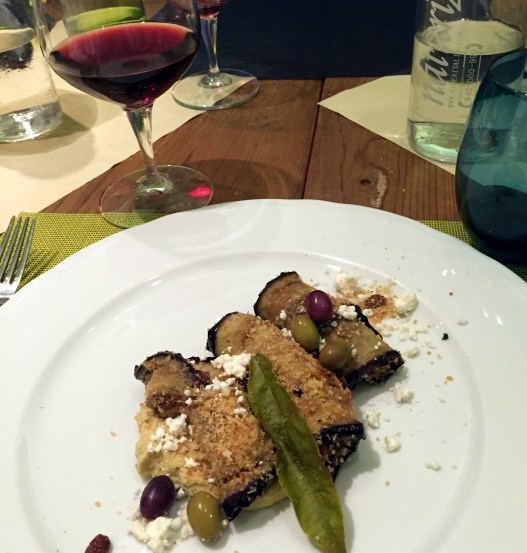 6-12 eggplant olives breadcrumbs over hummus